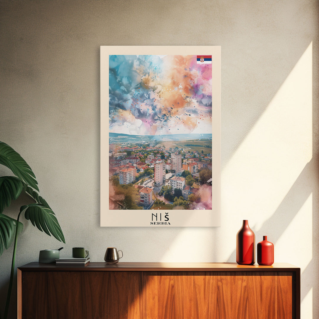 Nis Serbia Framed Canvas Print, Historic Travel Poster, Watercolor Painting, Wall Art, Home Decor, Serbian Culture, Vintage Art
