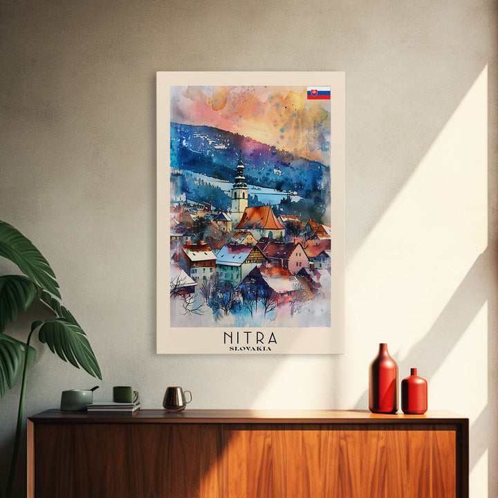 Nitra Slovakia Framed Canvas Print, Scenic Travel Poster, Watercolor Painting, Wall Art, Home Decor, Slovakian Landscape, Modern Art