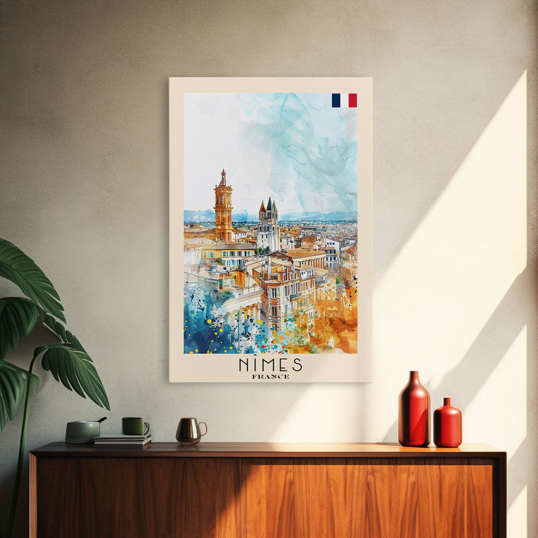 Nîmes France Framed Canvas Print, Historic Travel Poster, Watercolor Painting, Wall Art, Home Decor, French Architecture, Vintage Style