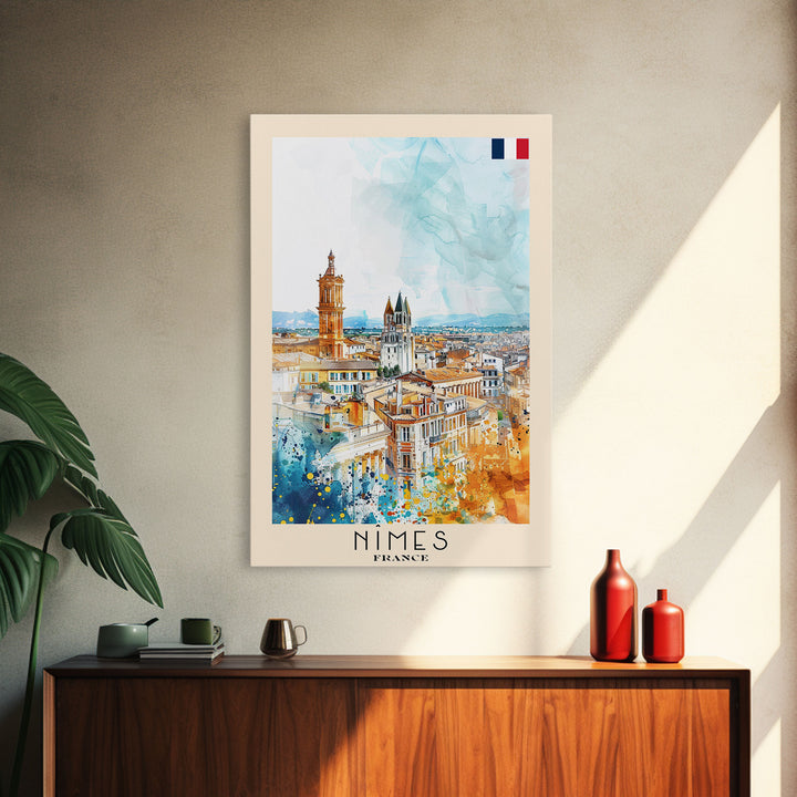 Nîmes France Framed Canvas Print, Historic Travel Poster, Watercolor Painting, Wall Art, Home Decor, French Architecture, Vintage Style