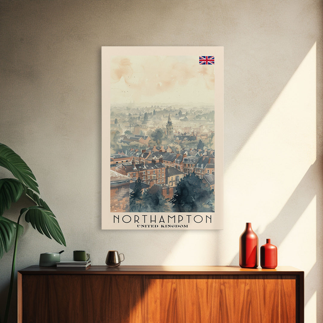 Northampton United Kingdom Travel Poster Framed Canvas Print, Watercolor Painting, Scenic Wall Art, Home Decor, British Landscape, Classic Art