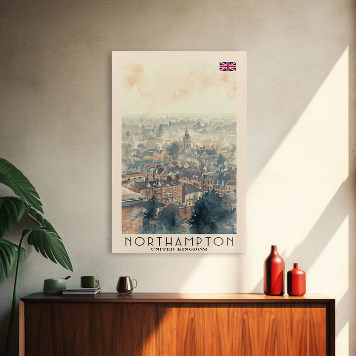 Northampton United Kingdom Travel Poster Framed Canvas Print, Watercolor Painting, Scenic Wall Art, Home Decor, British Landscape, Classic Art