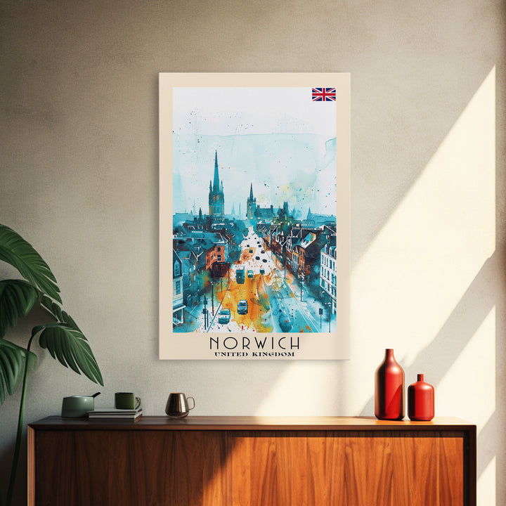 Norwich United Kingdom Travel Poster Framed Canvas Print, Watercolor Painting, Historic Wall Art, Home Decor, British Architecture, Artistic Decor