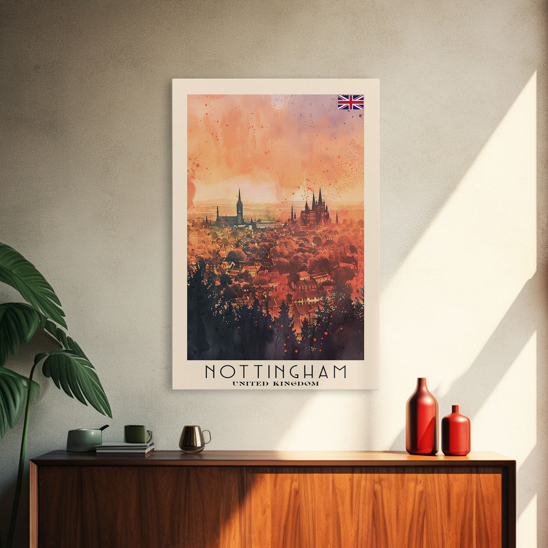 Nottingham United Kingdom Travel Poster Framed Canvas Print, Watercolor Painting, Scenic Wall Art, Home Decor, British Cityscape, Modern Art