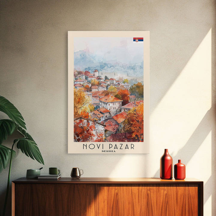 Novi Pazar Serbia Travel Poster Framed Canvas Print, Watercolor Painting, Scenic Wall Art, Home Decor, Serbian Landscape, Cultural Art