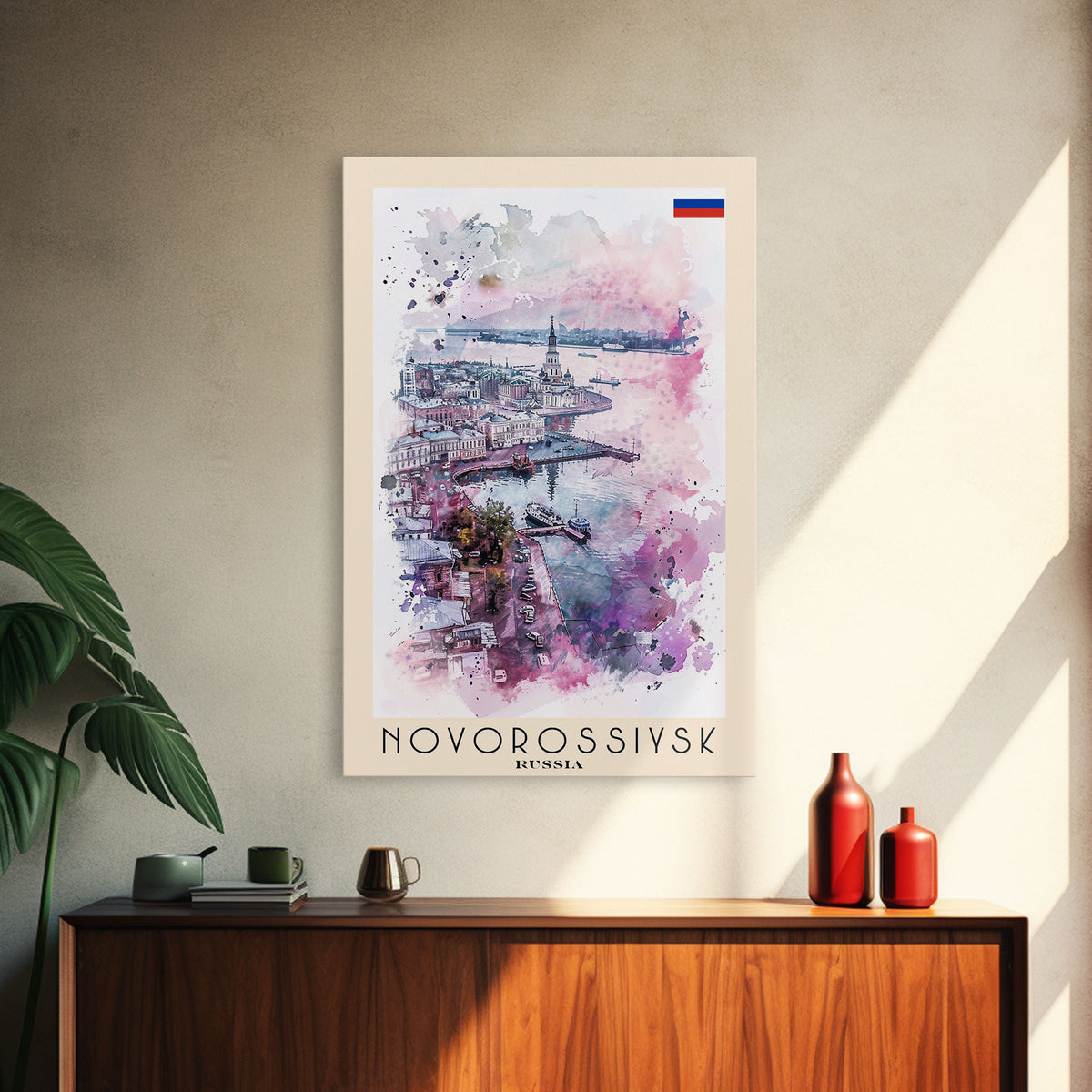 Novorossiysk Russia Travel Poster Framed Canvas Print, Watercolor Painting, Scenic Wall Art, Home Decor, Russian Coastal Scene, Classic Art