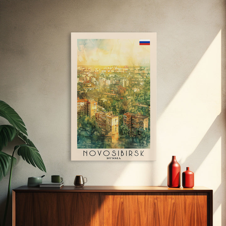 Novosibirsk Russia Travel Poster Framed Canvas Print, Watercolor Painting, Urban Wall Art, Home Decor, Russian Cityscape, Contemporary Art
