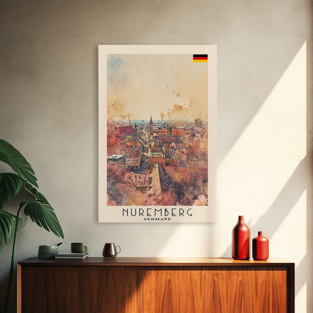 Nuremberg Germany Travel Poster Framed Canvas Print, Watercolor Painting, Historic Wall Art, Home Decor, German Architecture, Artistic Decor
