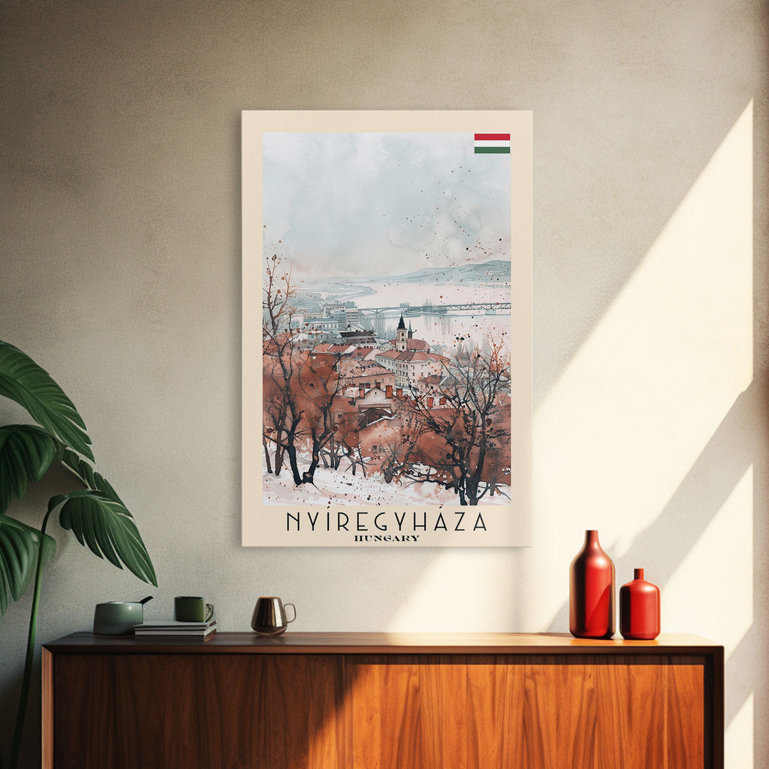 Nyiregyhaza Hungary Travel Poster Framed Canvas Print, Watercolor Painting, Scenic Wall Art, Home Decor, Hungarian Landscape, Rustic Art