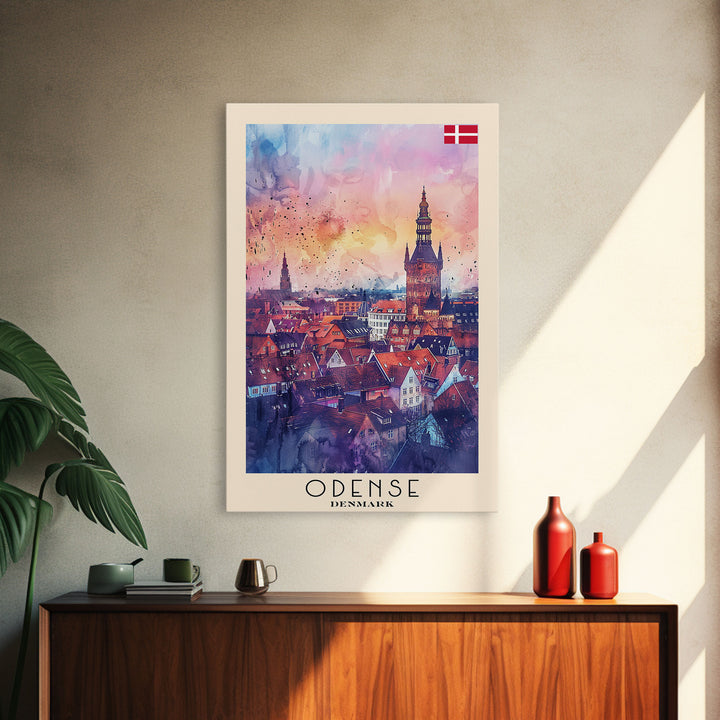 Odense Denmark Travel Poster Framed Canvas Print, Watercolor Painting, Scenic Wall Art, Home Decor, Danish Cityscape, Artistic Decor