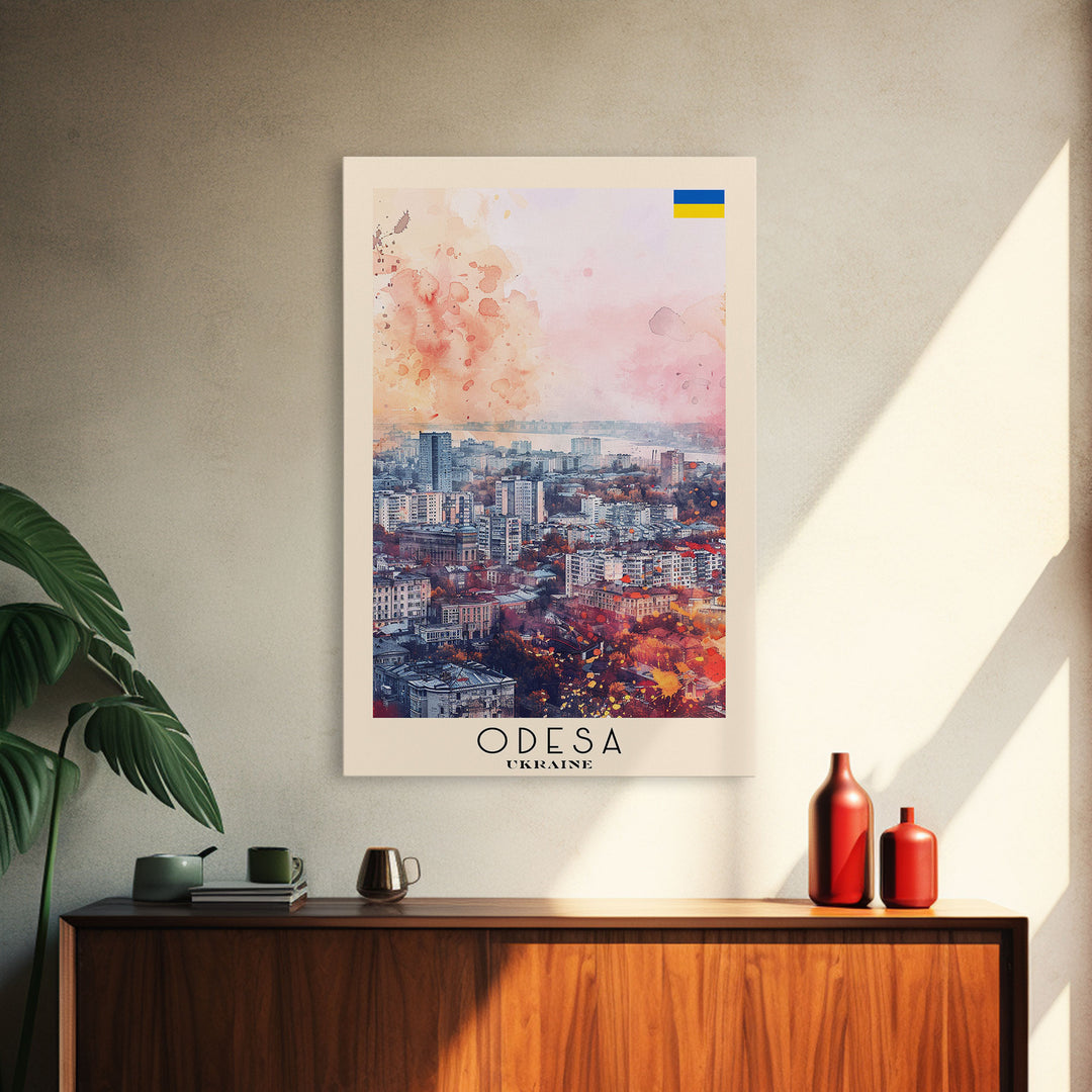 Odesa Ukraine Travel Poster Framed Canvas Print, Watercolor Painting, Scenic Wall Art, Home Decor, Ukrainian Coastal Scene, Vibrant Art