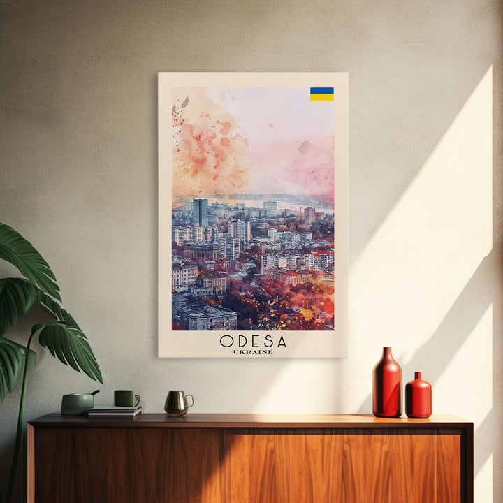 Odesa Ukraine Travel Poster Framed Canvas Print, Watercolor Painting, Scenic Wall Art, Home Decor, Ukrainian Coastal Scene, Vibrant Art