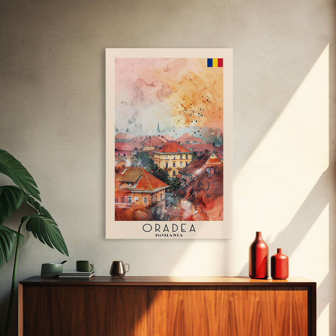 Oradea Romania Travel Poster Framed Canvas Print, Watercolor Painting, Scenic Wall Art, Home Decor, Romanian Architecture, Artistic Decor