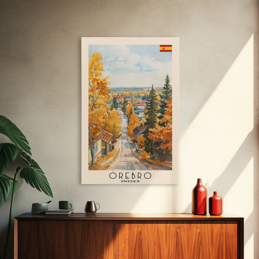 Orebro Sweden Travel Poster Framed Canvas Print, Watercolor Painting, Scenic Wall Art, Home Decor, Swedish Landscape, Minimalist Art