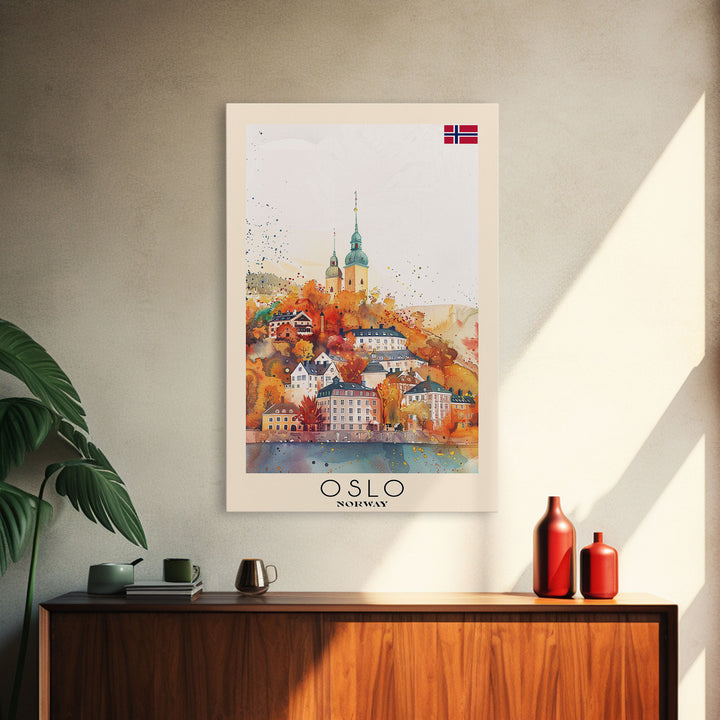 Oslo Norway Travel Poster Framed Canvas Print, Watercolor Painting, Scenic Wall Art, Home Decor, Norwegian Cityscape, Modern Decor