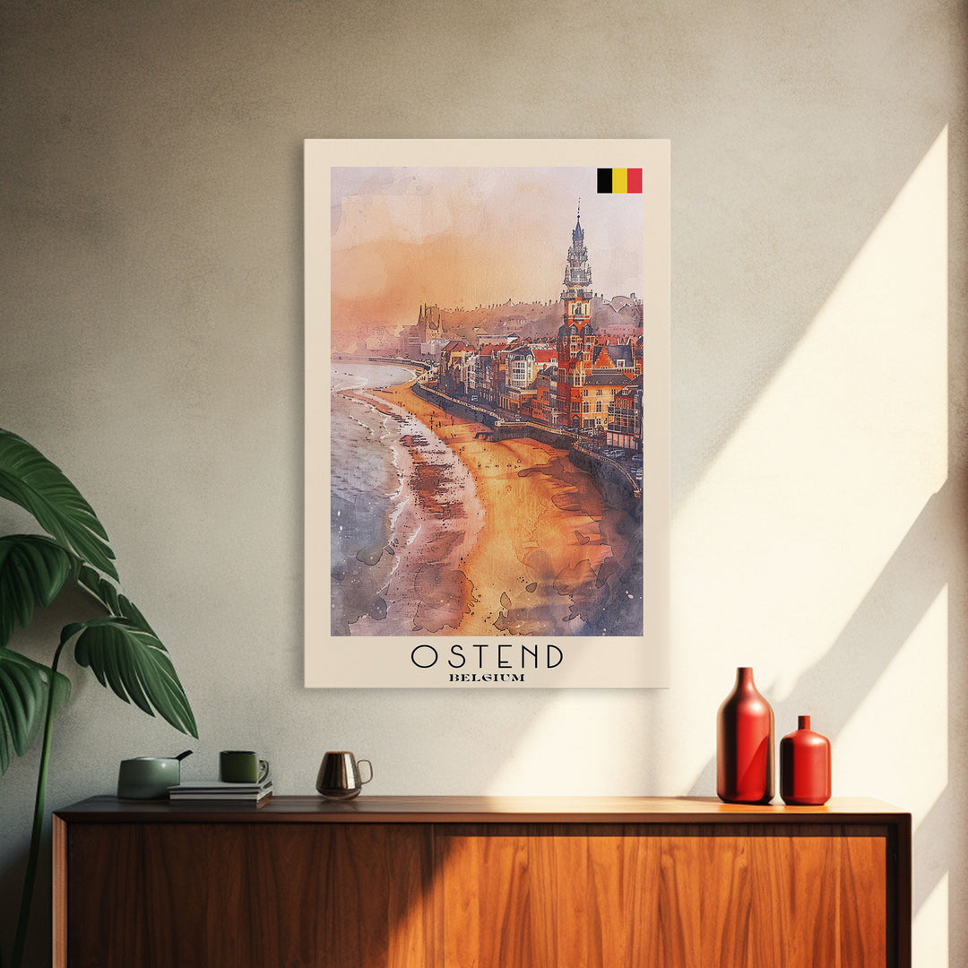 Ostend Belgium Travel Poster Framed Canvas Print, Watercolor Painting, Coastal Wall Art, Home Decor, Belgian Seaside, Vibrant Art
