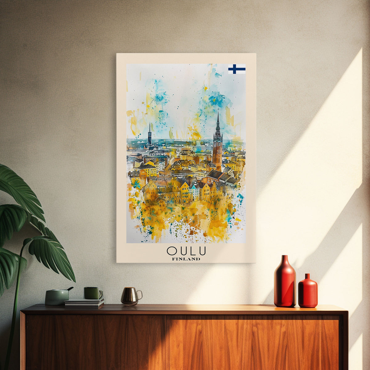 Oulu Finland Travel Poster Framed Canvas Print, Watercolor Painting, Scenic Wall Art, Home Decor, Finnish Landscape, Artistic Decor