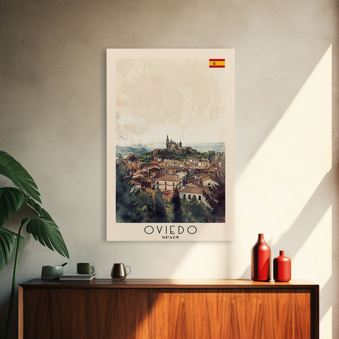 Oviedo Spain Travel Poster Framed Canvas Print, Watercolor Painting, Scenic Wall Art, Home Decor, Spanish Cityscape, Classic Art