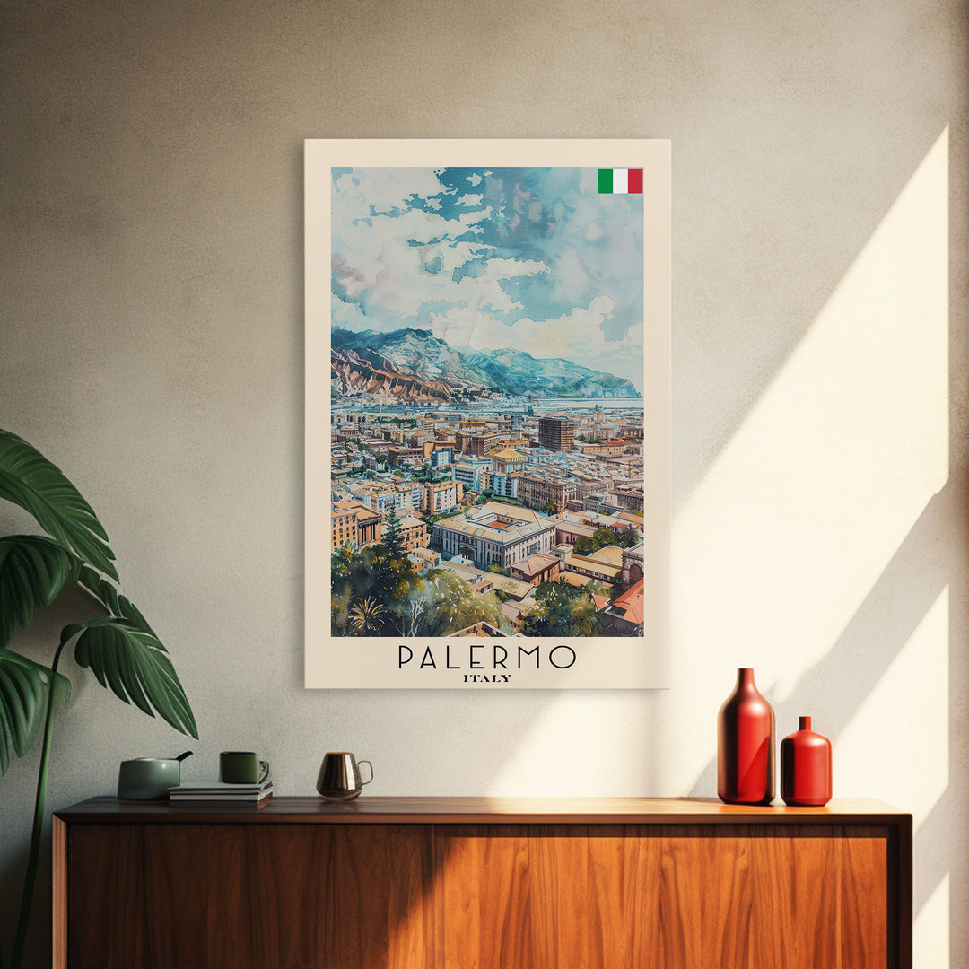 Palermo Italy Travel Poster Framed Canvas Print, Watercolor Painting, Coastal Wall Art, Home Decor, Italian Seaside, Vibrant Art