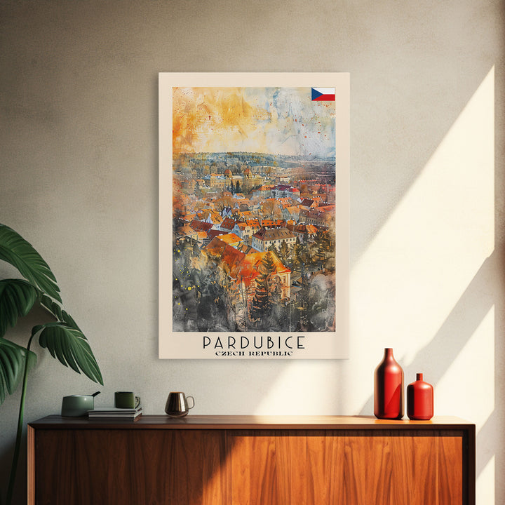 Pardubice Czech Travel Poster Framed Canvas Print, Watercolor Painting, Urban Wall Art, Home Decor, Czech Architecture, Vintage Style