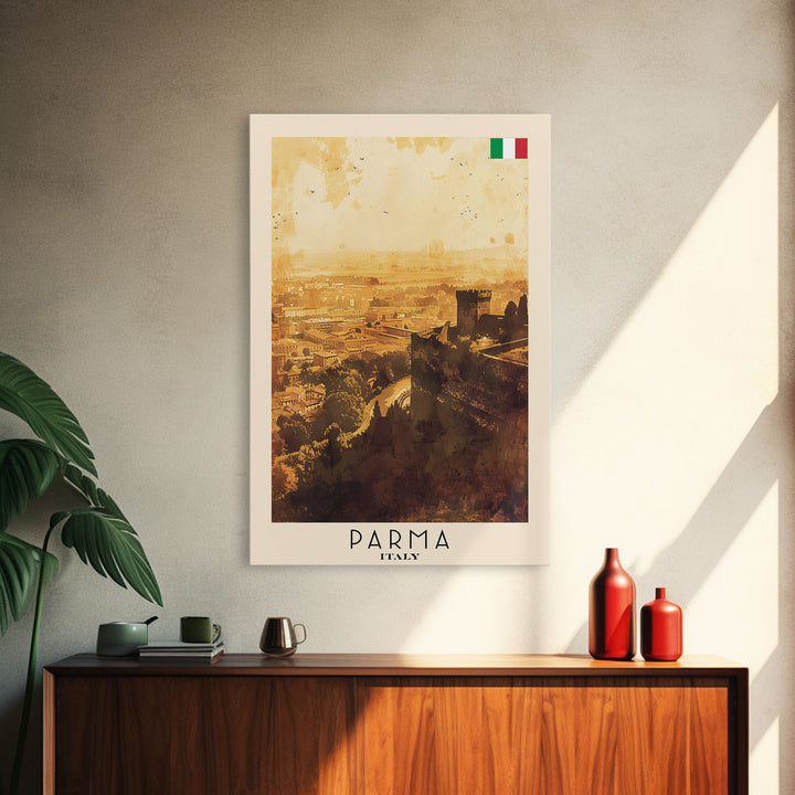 Parma Italy Travel Poster Framed Canvas Print, Watercolor Painting, Scenic Wall Art, Home Decor, Italian Architecture, Modern Art