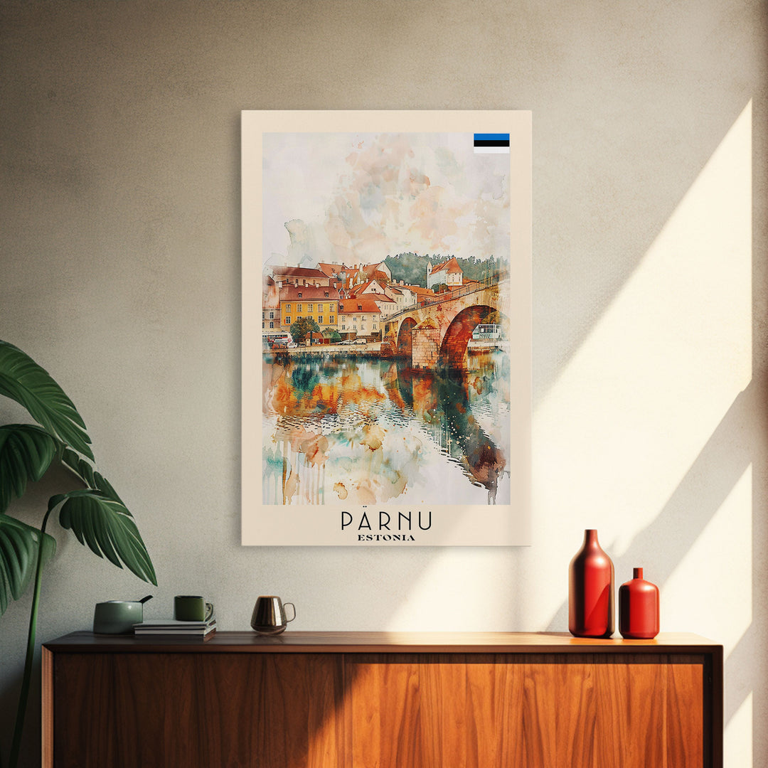 Parnu Estonia Travel Poster Framed Canvas Print, Watercolor Painting, Scenic Wall Art, Home Decor, Estonian Landscape, Artistic Decor