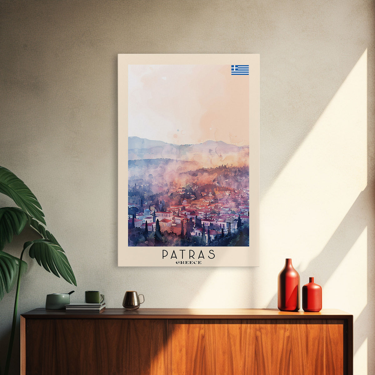 Patras Greece Travel Poster Framed Canvas Print, Watercolor Painting, Scenic Wall Art, Home Decor, Greek Seaside, Vibrant Art