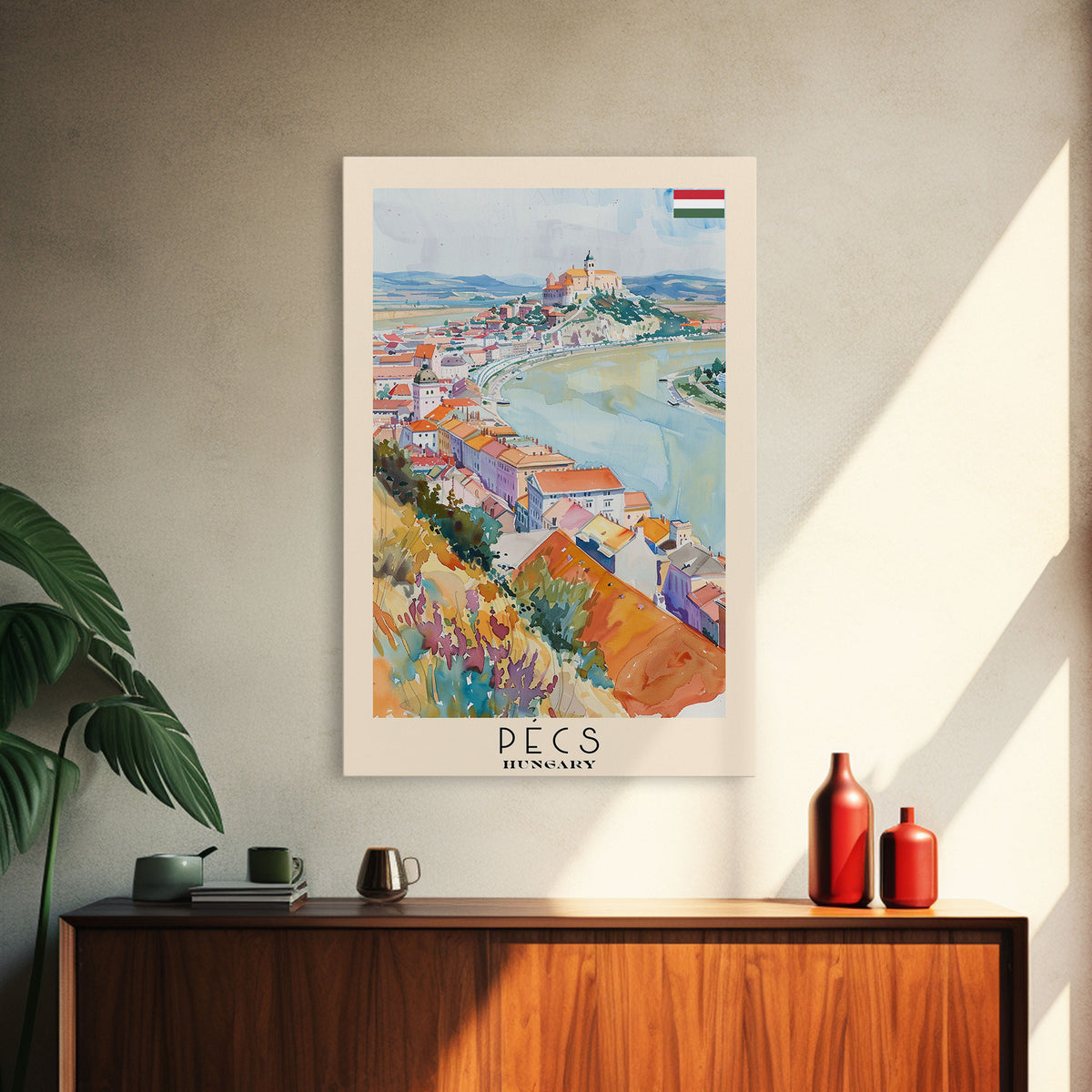 Pecs Hungary Travel Poster Framed Canvas Print, Watercolor Painting, Scenic Wall Art, Home Decor, Hungarian Cityscape, Minimalist Art