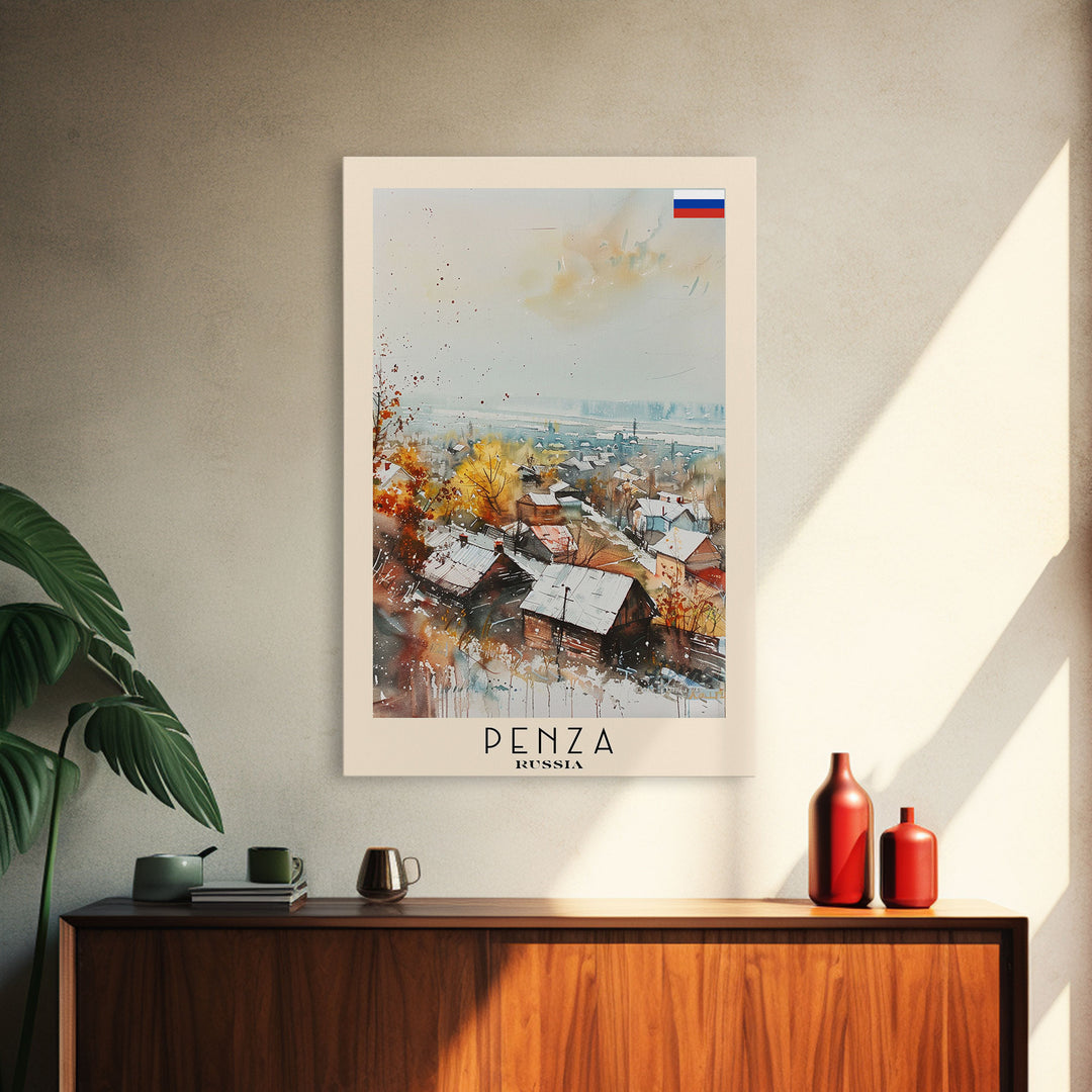 Penza Russia Travel Poster Framed Canvas Print, Watercolor Painting, Urban Wall Art, Home Decor, Russian Cityscape, Contemporary Art