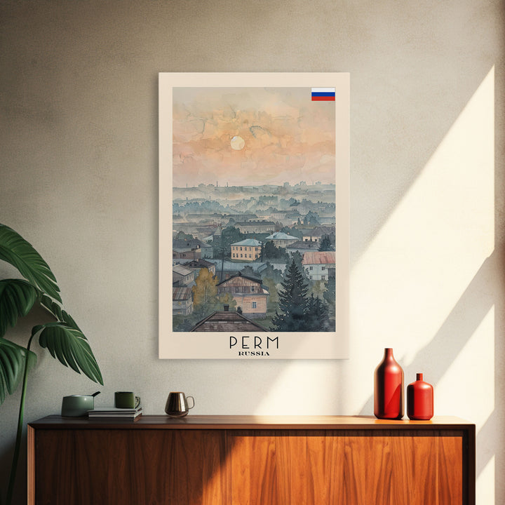 Perm Russia Travel Poster Framed Canvas Print, Watercolor Painting, Scenic Wall Art, Home Decor, Russian Landscape, Urban Art