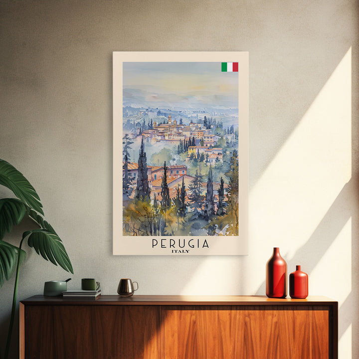 Perugia Italy Travel Poster Framed Canvas Print, Watercolor Painting, Scenic Wall Art, Home Decor, Italian Cityscape, Classic Art