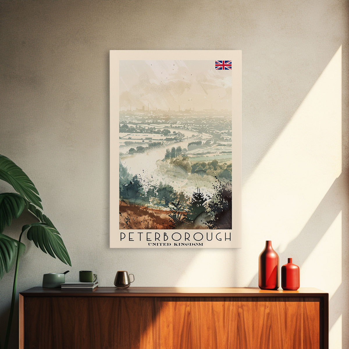 Peterborough United Kingdom Travel Poster Framed Canvas Print, Watercolor Painting, Historic Wall Art, Home Decor, British Architecture, Artistic Decor