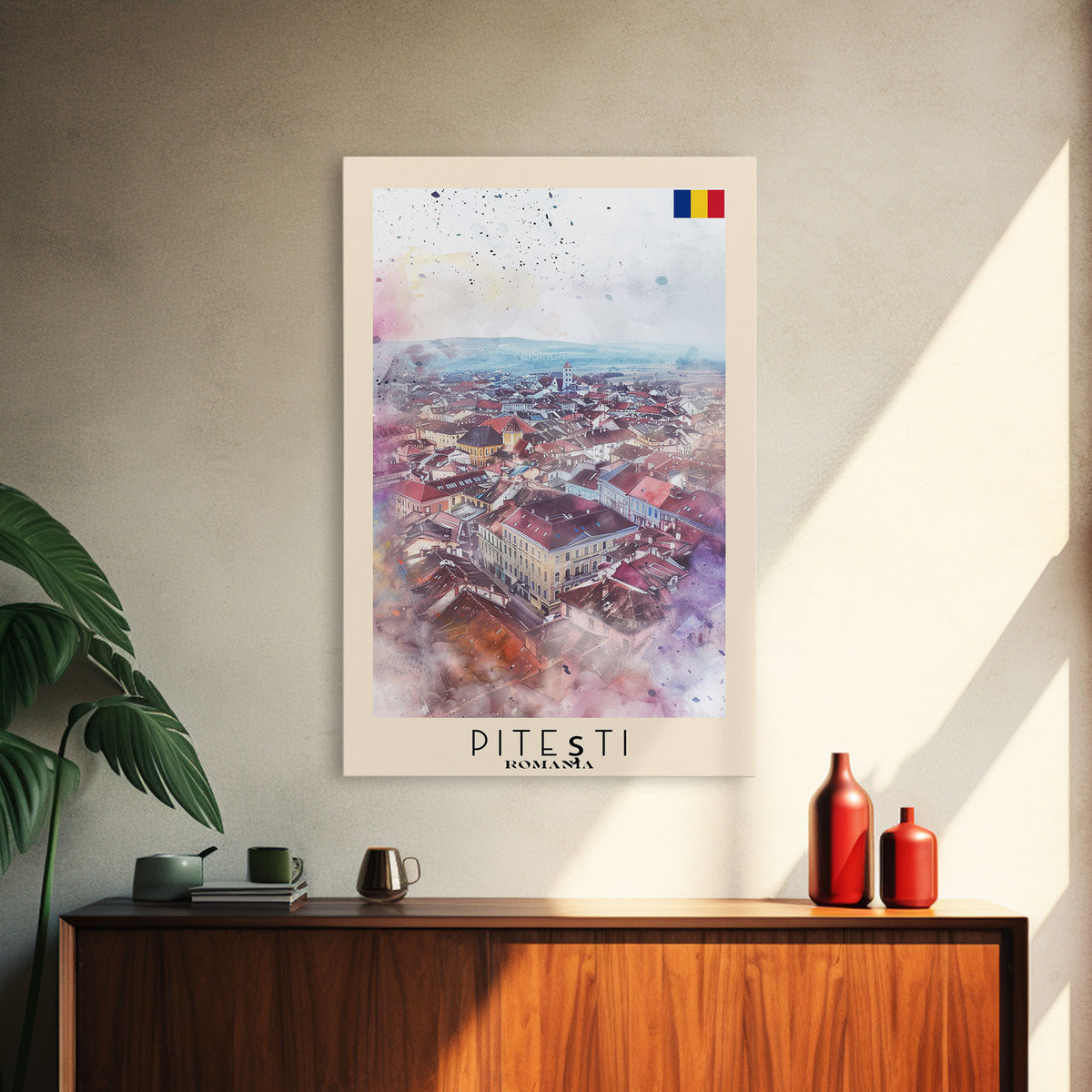 Piteti Romania Travel Poster Framed Canvas Print, Watercolor Painting, Scenic Wall Art, Home Decor, Romanian Cityscape, Classic Art