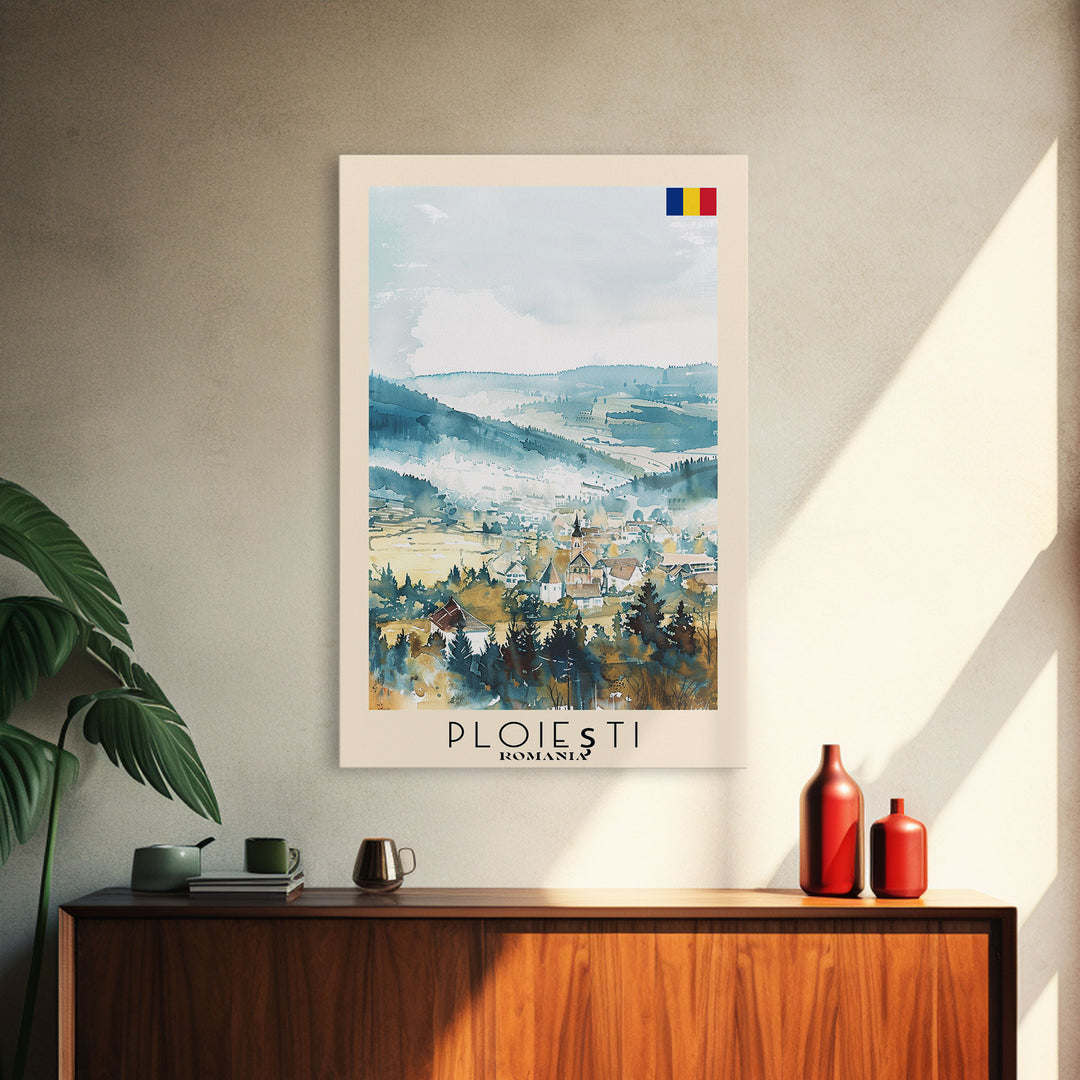 Ploiesti Romania Travel Poster Framed Canvas Print, Watercolor Painting, Scenic Wall Art, Home Decor, Romanian Landscape, Artistic Decor