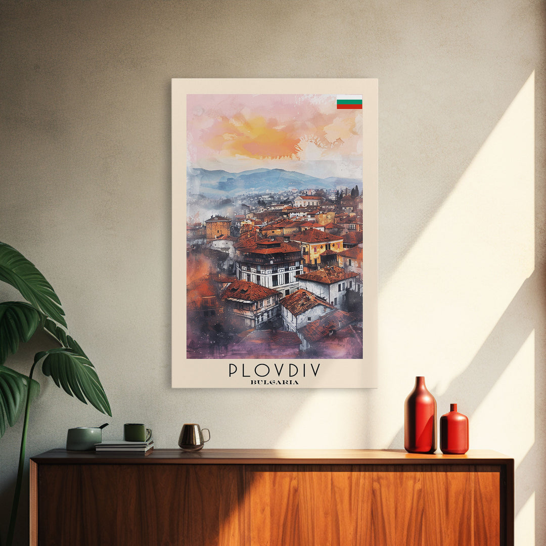 Plovdiv Bulgaria Travel Poster Framed Canvas Print, Watercolor Painting, Historic Wall Art, Home Decor, Bulgarian Cityscape, Classic Art