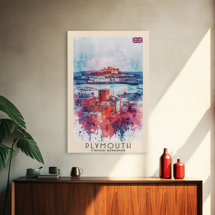Plymouth United Kingdom Travel Poster Framed Canvas Print, Watercolor Painting, Coastal Wall Art, Home Decor, British Seaside, Modern Decor