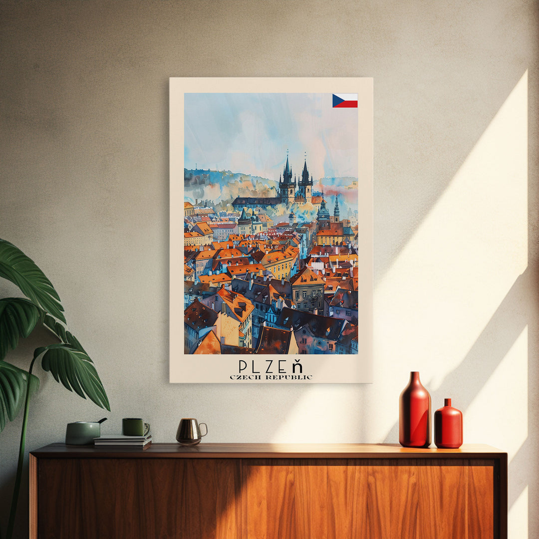 Plzen Czech Republic Travel Poster Framed Canvas Print, Watercolor Painting, Scenic Wall Art, Home Decor, Czech Cityscape, Modern Decor