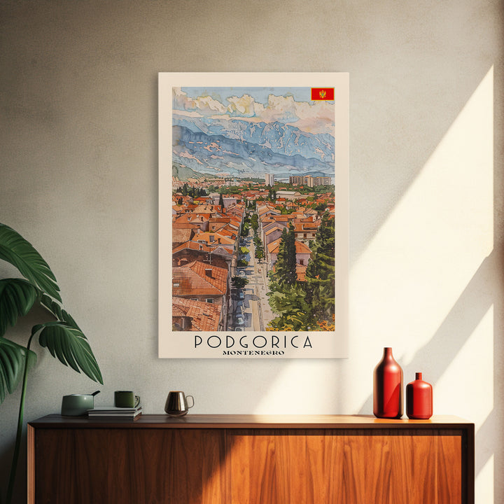 Podgorica Montenegro Travel Poster Framed Canvas Print, Watercolor Painting, Scenic Wall Art, Home Decor, Montenegrin Landscape, Artistic Decor