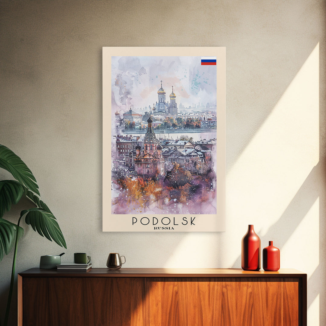 Podolsk Russia Travel Poster Framed Canvas Print, Watercolor Painting, Urban Wall Art, Home Decor, Russian Cityscape, Contemporary Art