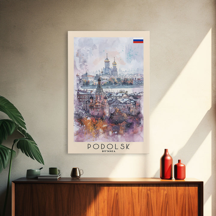 Podolsk Russia Travel Poster Framed Canvas Print, Watercolor Painting, Urban Wall Art, Home Decor, Russian Cityscape, Contemporary Art