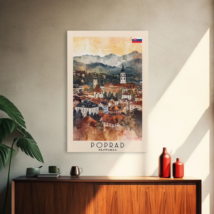 Poprad Slovakia Travel Poster Framed Canvas Print, Watercolor Painting, Scenic Wall Art, Home Decor, Slovakian Landscape, Classic Art