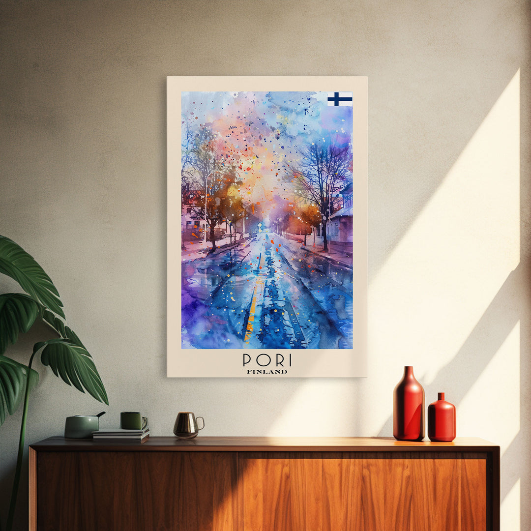 Pori Finland Travel Poster Framed Canvas Print, Watercolor Painting, Scenic Wall Art, Home Decor, Finnish Seaside, Minimalist Art