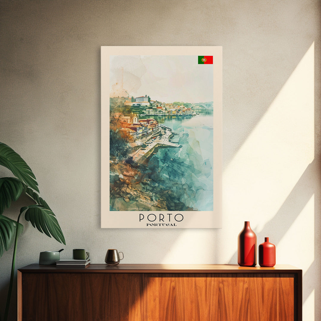 Porto Portugal Travel Poster Framed Canvas Print, Watercolor Painting, Coastal Wall Art, Home Decor, Portuguese Seaside, Vibrant Art