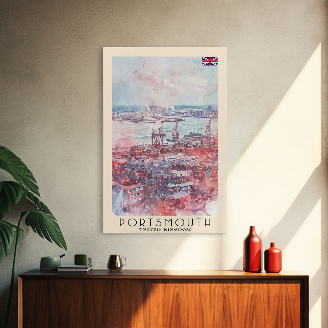 Portsmouth United Kingdom Travel Poster Framed Canvas Print, Watercolor Painting, Coastal Wall Art, Home Decor, British Seaside, Modern Art