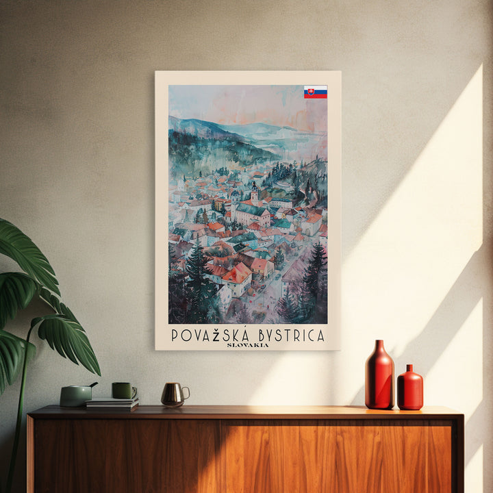 Povazska Bystrica Slovakia Travel Poster Framed Canvas Print, Watercolor Painting, Scenic Wall Art, Home Decor, Slovakian Landscape, Modern Decor