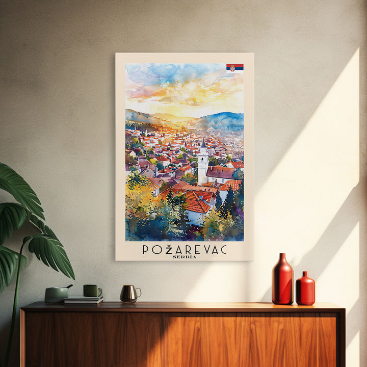 Pozega Serbia Travel Poster Framed Canvas Print, Watercolor Painting, Scenic Wall Art, Home Decor, Serbian Landscape, Classic Art