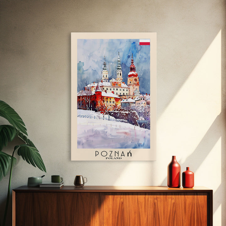 Poznan Poland Travel Poster Framed Canvas Print, Watercolor Painting, Scenic Wall Art, Home Decor, Polish Cityscape, Modern Art