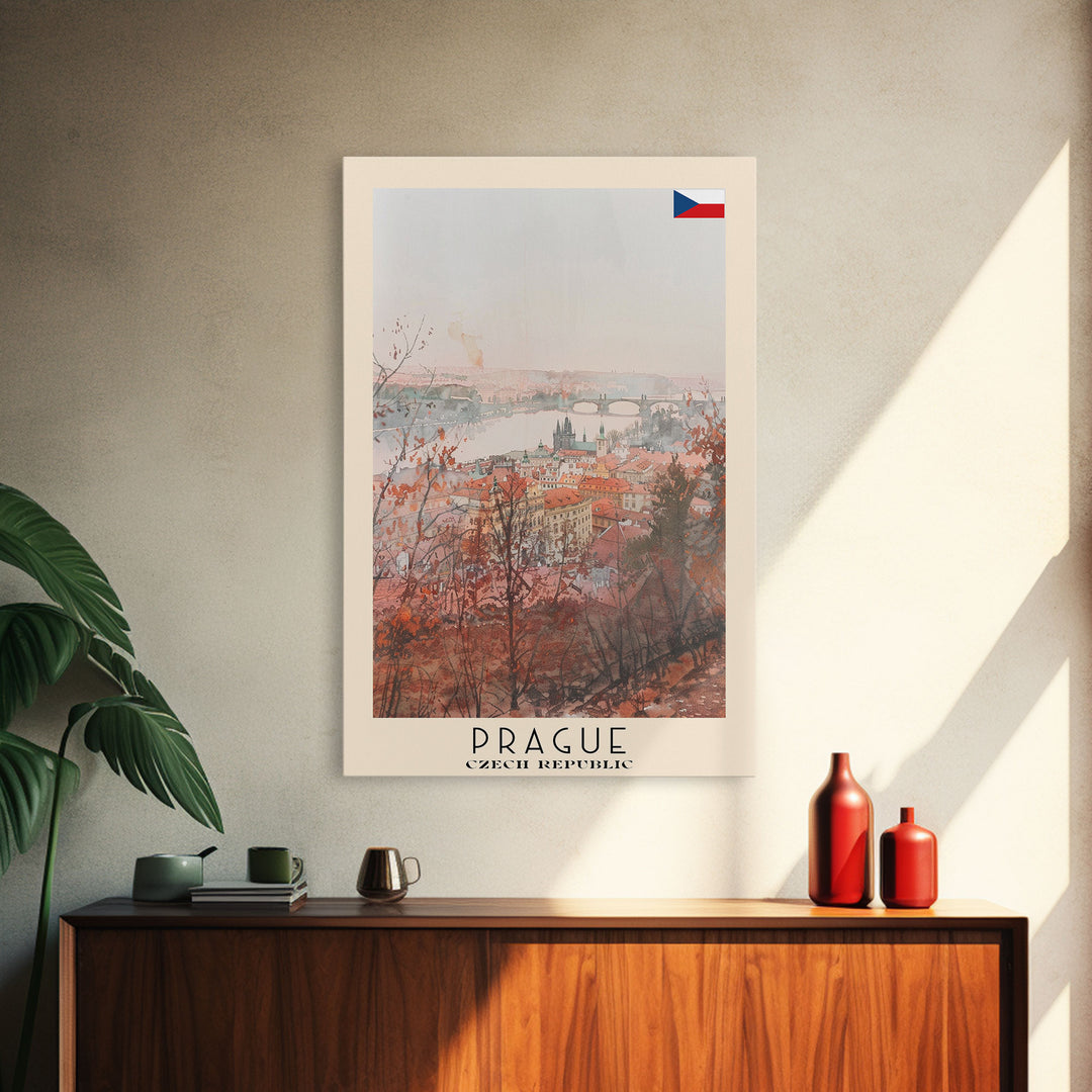 Prague Czech Republic Travel Poster Framed Canvas Print, Watercolor Painting, Historic Wall Art, Home Decor, Czech Architecture, Classic Decor