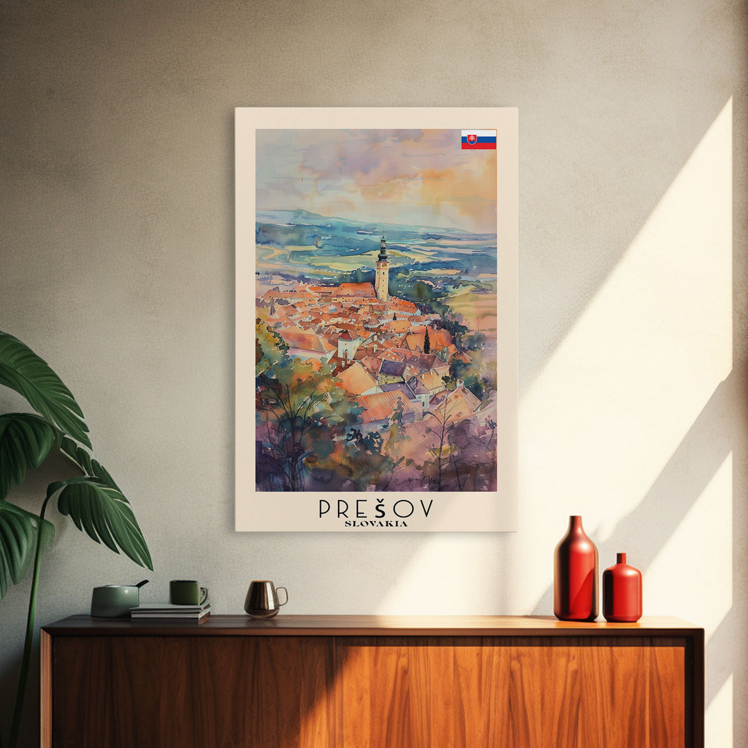 Presov Slovakia Travel Poster Framed Canvas Print, Watercolor Painting, Scenic Wall Art, Home Decor, Slovakian Cityscape, Artistic Decor