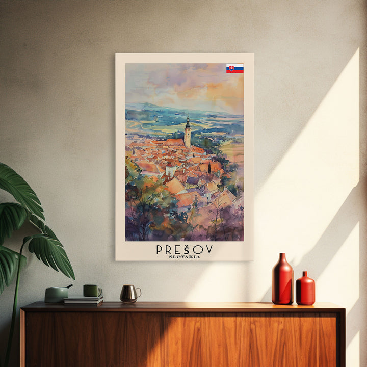 Presov Slovakia Travel Poster Framed Canvas Print, Watercolor Painting, Scenic Wall Art, Home Decor, Slovakian Cityscape, Artistic Decor